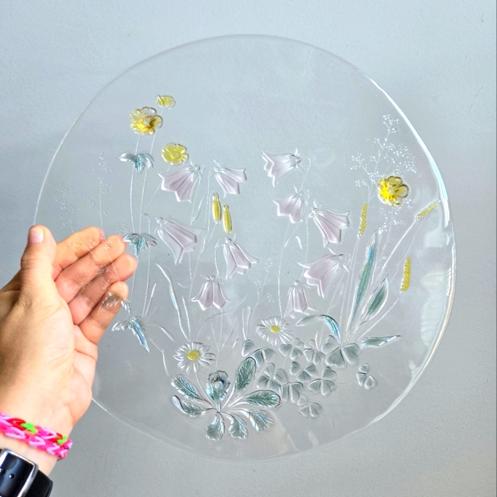 Stunning floral glass tray with embedded floral, in colour, over a foot long